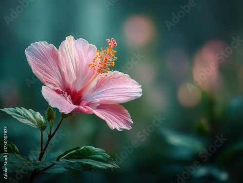 A vibrant pink hibiscus flower blooms elegantly in a lush green garden, its delicate petals unfurling to greet the warm sunlight of a tropical summer day.