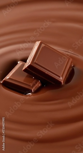 Indulgent Dark Chocolate Squares Immersed in Smooth, Swirling Melted Chocolate