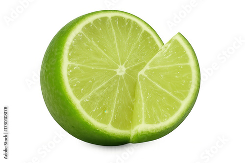 Fresh green lime fruit slice and wedge for tropical drinks and healthy eating on transparent background
