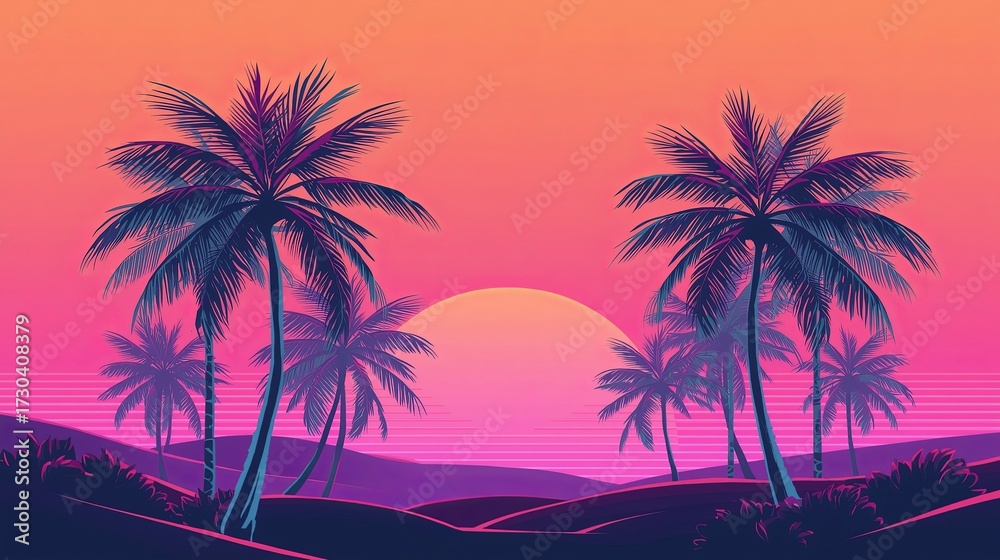 Obraz premium Vaporwave stylized palm trees in a sunset landscape.