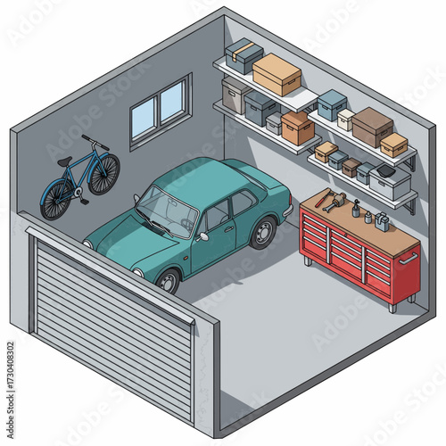 A cluttered garage interior with a teal car parked next to a bicycle and a red tool chest.
