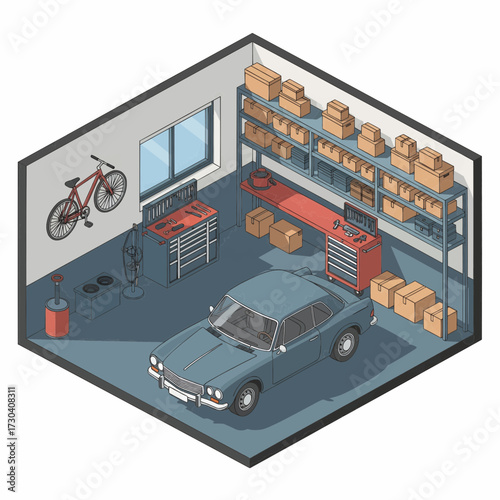 A blue car is parked in a garage with a bicycle on the wall and various tools and boxes around.