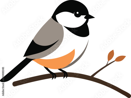 Charming doodle of a chickadee foraging berries on a snowy branch in playful 2D illustration.