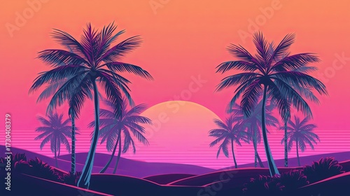 Vaporwave stylized palm trees in a sunset landscape.