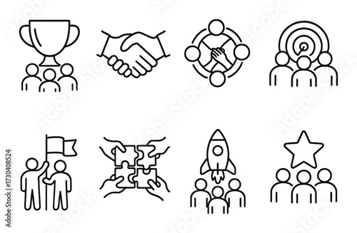 Teamwork and success icons: trophy, handshake, target, cooperation, puzzle, rocket, star