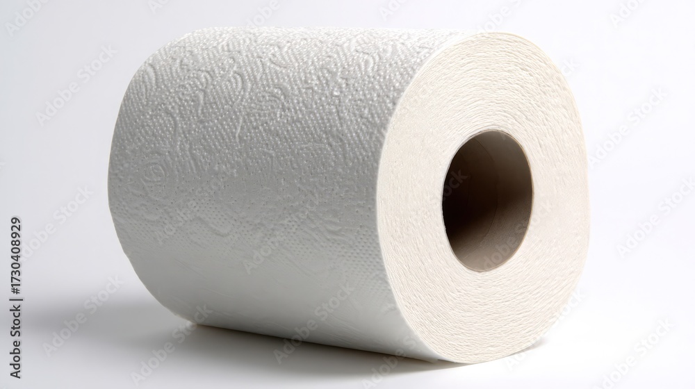 Fototapeta premium A single roll of white paper towel with a textured surface, placed on a white background, showcasing its clean and simple household design.