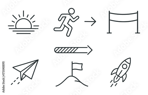 Minimalistic icons: sunrise, running, finish line, progress, paper airplane, rocket