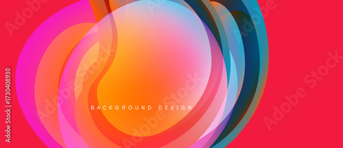 Abstract layers create vibrant circular design. Colors blend, forming dynamic visual effect. Red background enhances overall composition.