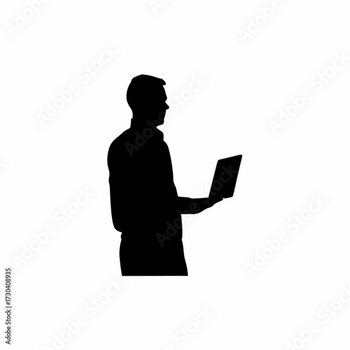 Silhouette of a cloud system administrator monitoring servers on laptop isolated on white background