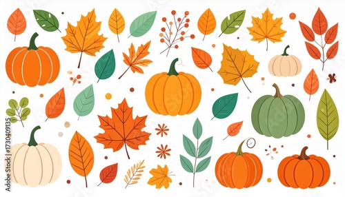 Autumn themed flat design illustration with pumpkin leaves and other seasonal elements. Fall season graphic gourd foliage nature icon simple autumn drawing.