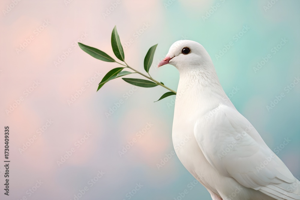 Obraz premium Graceful White Dove Holding Olive Branch Against a Soft Pastel Bokeh Background