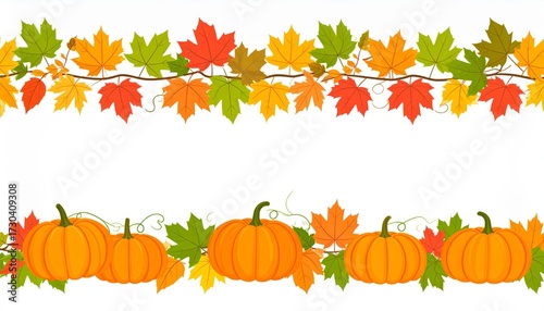 Autumn leaves and pumpkins separator border for Fall and Thanksgiving season. isolated on white background. Seasonal divider element foliage and gourd frame for festive harvest