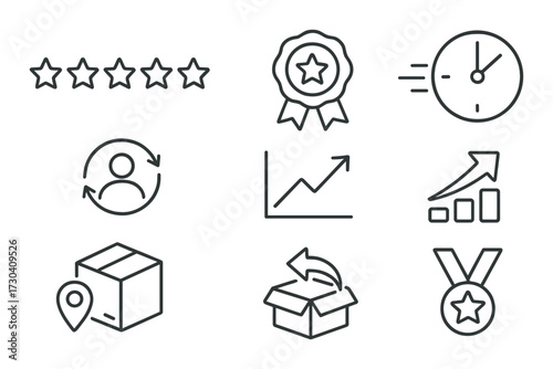 Monochrome business icons: rating, reward, time, user, growth, logistics, achievement