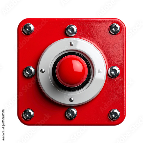 Isolated Red Emergency Push Button on an Industrial Control Panel Plate with Screws against a Black Background