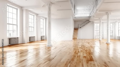 Spacious, bright loft interior with high ceilings, exposed columns, and large windows, showcasing a polished hardwood floor.