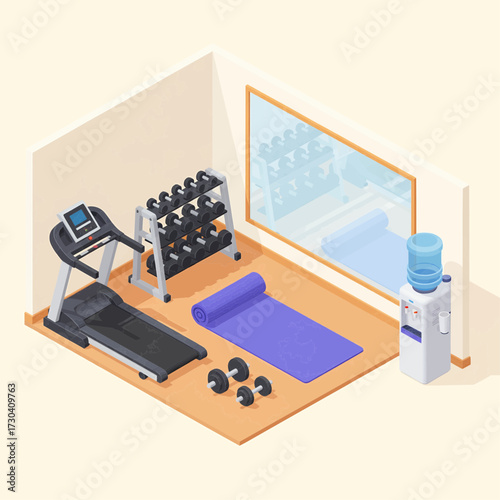 Isometric illustration of a modern, compact home gym. Features a treadmill, dumbbell rack, and yoga mat for convenient personal workouts, promoting a healthy and active lifestyle