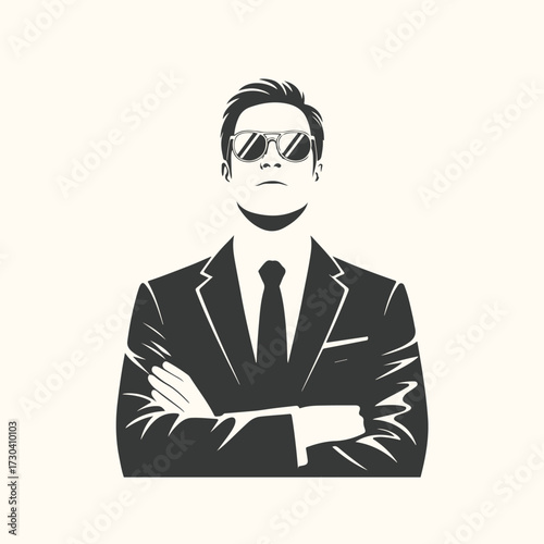 Vector art of stylish man in a suit and sunglasses with arms crossed, exuding confidence and mystery, perfect for themes of business, espionage, or fashion