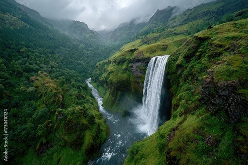 Majestic waterfall cascading down a lush Icelandic valley