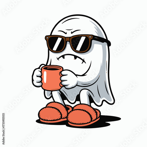 Grumpy Ghost Cartoon Mascot Drinking Coffee with Sunglasses and Slippers Vector Illustration