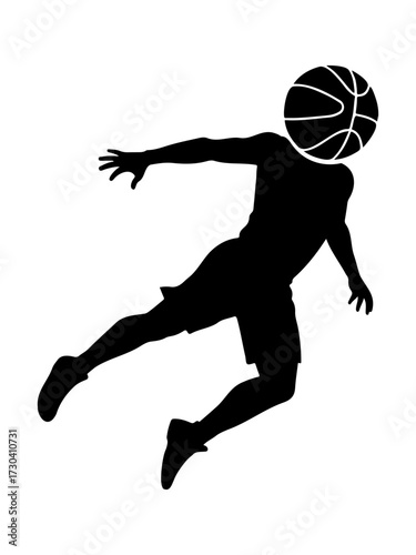 Abstract silhouette of a jumping basketball player with a ball for a head, surreal sports vector.