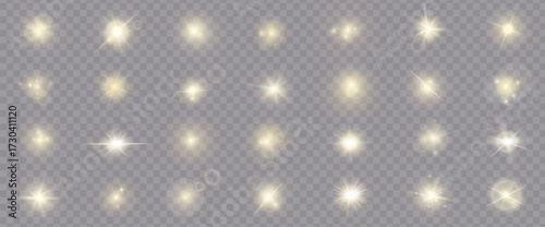 Realistic shine and glow effects big pack isolated on transparent background. Sparkles and explosion effects. Stars and light beams. Sun light effects isolated. Vector illustration