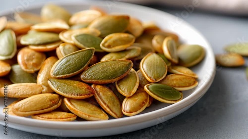 Closeup of roasted pumpkin seeds in white plate rotating on grey surface