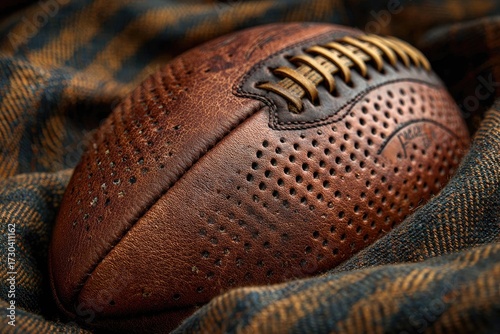Close-up of a vintage leather football resting on a plaid fabric