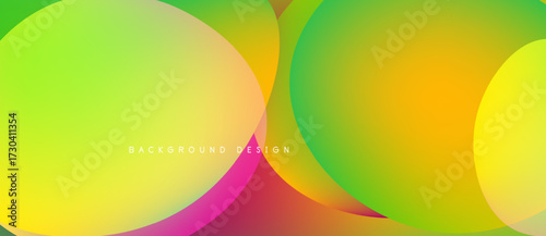 Vibrant overlapping circles create colorful abstract background. Smooth gradients blend yellow, green, pink, orange hues. Modern design element.