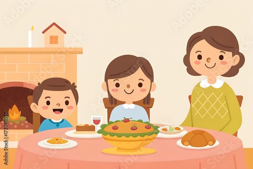 Family Dinner Illustration with Mother Children and Festive Table Setting in a Cozy Room