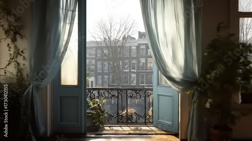 Sunlight streams into a sun-drenched room with light blue curtains, revealing a charming European city view.