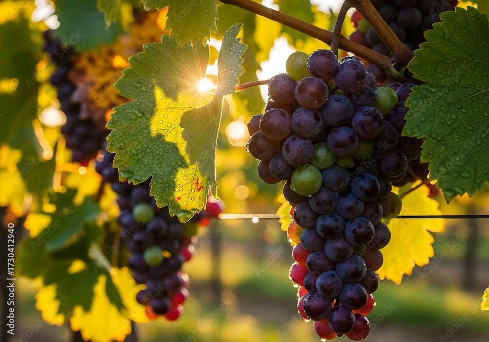 Naklejka premium Ripe Grapes on Vine in Sunlight.