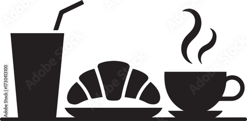 Vector art of breakfast set featuring croissant and coffee cup