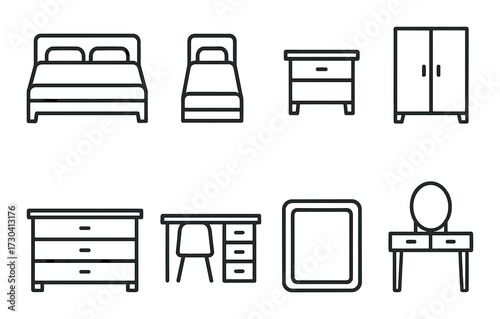 Minimalist bedroom furniture icons: bed, nightstand, wardrobe, dresser, desk, mirror, vanity