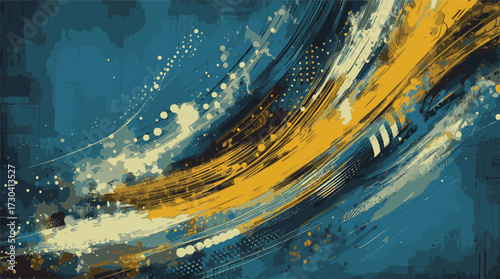  A dynamic abstract composition featuring a deep blue backdrop, a large yellow circle, and energetic diagonal strokes in yellow and black. Evokes motion, creativity
