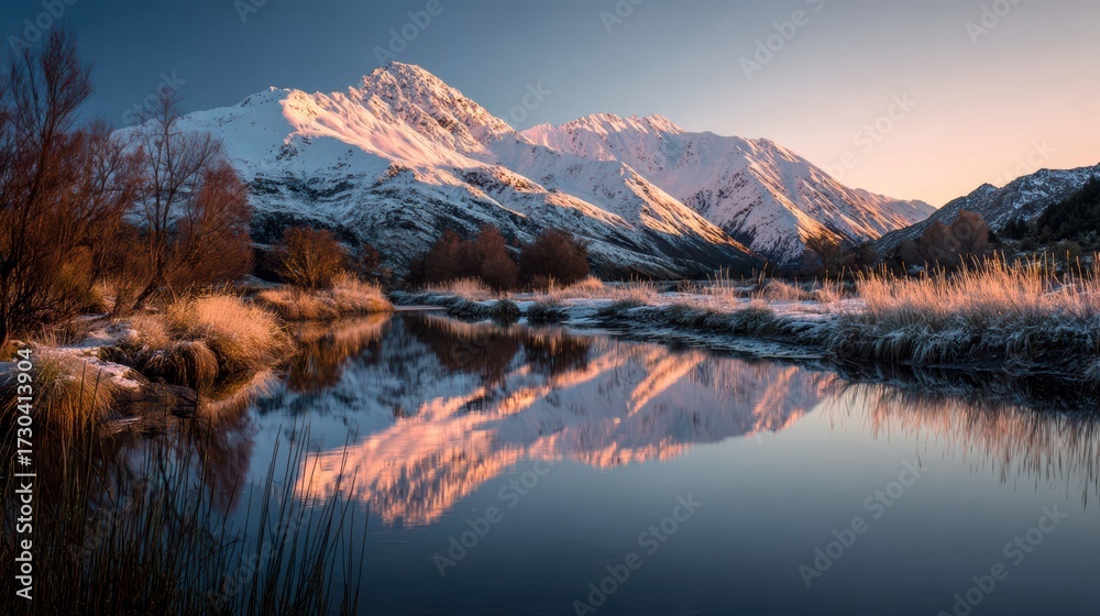 Fototapeta premium Serene mountain landscape with a tranquil lake reflecting the snowy peak at dusk.