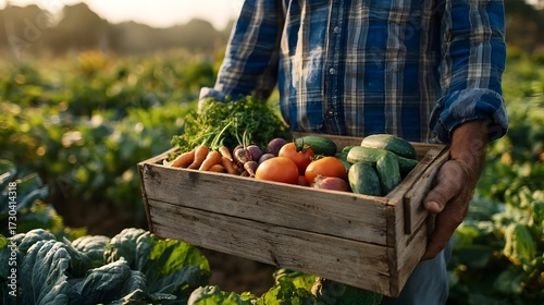 A farmer in a plaid shirt holds a wooden crate of fresh vegetables in a field at sunset.