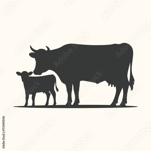Vector art of silhouette of a mother cow and her calf standing side by side, representing family, nature, and farm life