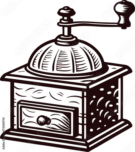 Hand drawn vintage manual coffee grinder with crank handle and wooden box, isolated illustration