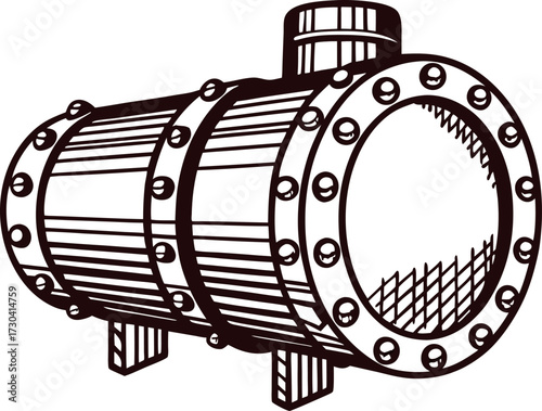 Hand drawn vintage industrial pressure vessel with rivets and cylindrical shape isolated on white background