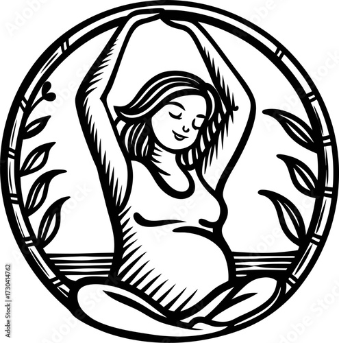 pregnant woman practicing yoga in lotus position with arms raised, surrounded by leaves in circular emblem