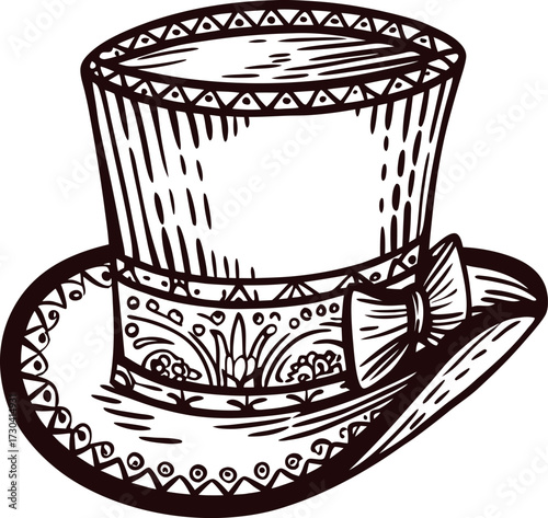 Vintage engraved top hat with decorative ribbon and bow, isolated on white background, hand drawn sketch