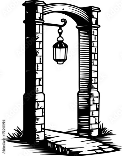 Vintage stone archway with hanging lantern, engraved hand drawn style, isolated pathway entrance illustration