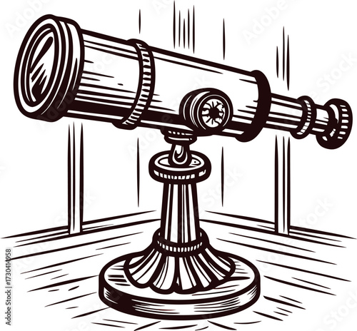 Antique brass telescope on ornate stand in vintage engraved etching illustration drawn on white background