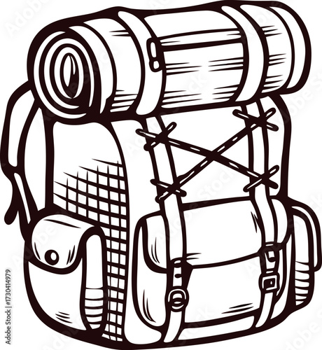 Hand drawn vintage hiking backpack with rolled sleeping bag and pockets isolated on white background illustration