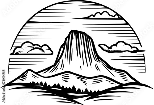 Hand drawn mesa mountain with clouds and trees in vintage engraving black and white illustration