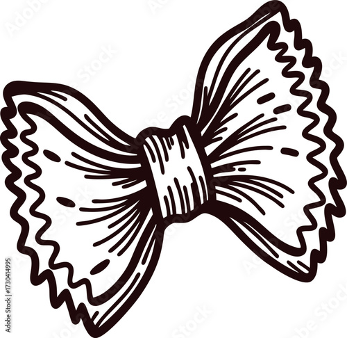 Hand drawn farfalle pasta illustration with detailed engraved lines on white background