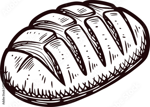 Artisan hand drawn crusty bread loaf illustration, vintage bakery food icon, isolated on white background