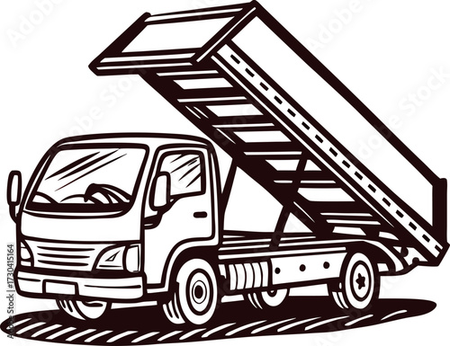 Hand drawn illustration of dump truck with raised cargo bed in vintage sketch