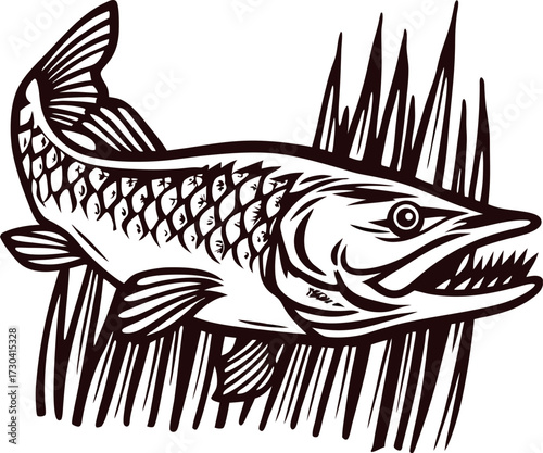 Hand drawn aggressive barracuda fish with sharp teeth in grass vintage engraving black and white illustration