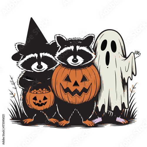 Cute Halloween Raccoons with Pumpkins and Ghost Costume Vector Illustration, Adorable Trick or Treat Animals in Witch Hat and Jack O Lantern, Spooky Cartoon Artwork for Stickers, Posters and T-Shirts